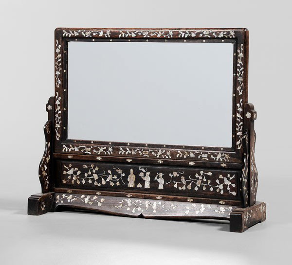 Inlaid Hardwood Table Screen: Chinese, 20th century, rectangular frame held by trestle style stand, all with abalone inlay of flowering branches, birds, gourd vines, San-Xing (Three Star Kings), 22-3/4 x 26-1/2 x 8-3/4 in., mirror