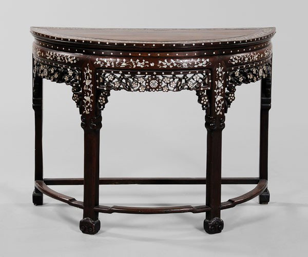Inlaid Hardwood Demilune Table: Chinese, 20th century, waisted top on four legs with [ruyi-]head feet, shaped stretchers, abalone-inlaid borders of dots, flowering vines, skirts with birds and flowering branches with abalone inlay, 