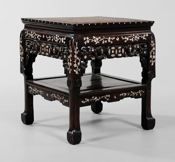 Inlaid Hardwood Stand: Chinese, 20th century, square pink stone inset with lobed corners, skirts with abalone and metal inlays of coins and lingzhi fungus, abalone-inlaid borders, 20-1/4 in., legs reduced, minor loss to one
