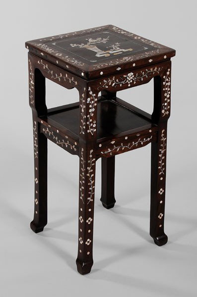 Inlaid Hardwood Stand: Chinese, 20th century, mother-of-pearl and abalone inlay of dragon on stand, borders of flowering branches, grapevines, 31 in., minor separations and wear to top