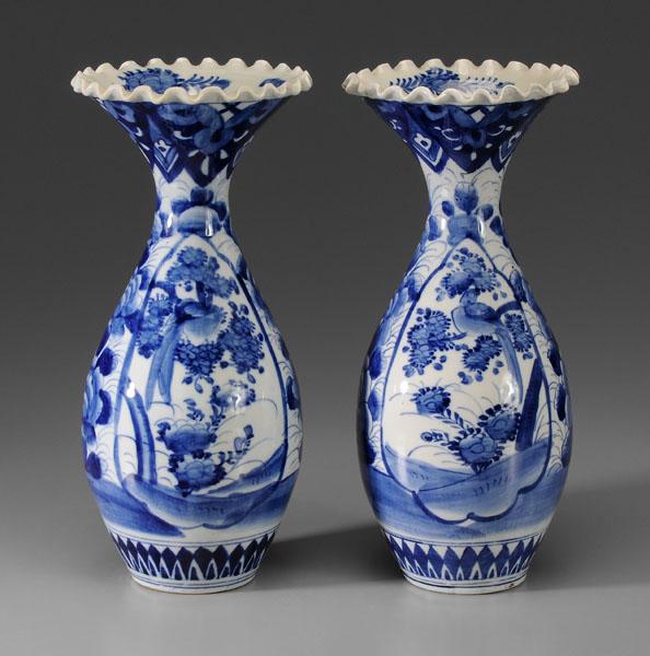 Blue-and-White Arita Porcelain Vases: Japanese, late 19th/early 20th century, pear forms with everted ruffled rims, shaped cartouches of birds and flowers, 15-5/8 in., minor flaws and scratches Provenance: Estate of the Late Smith C. Bank