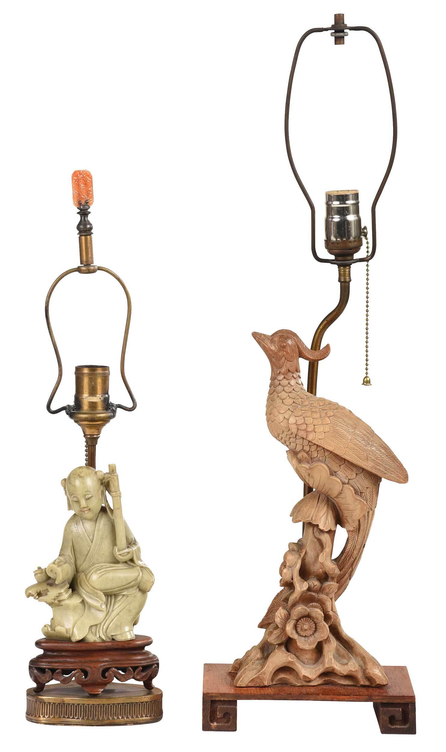 Two Carved Wood and Hardstone Figures Mounted as Lamps (1 of 4)