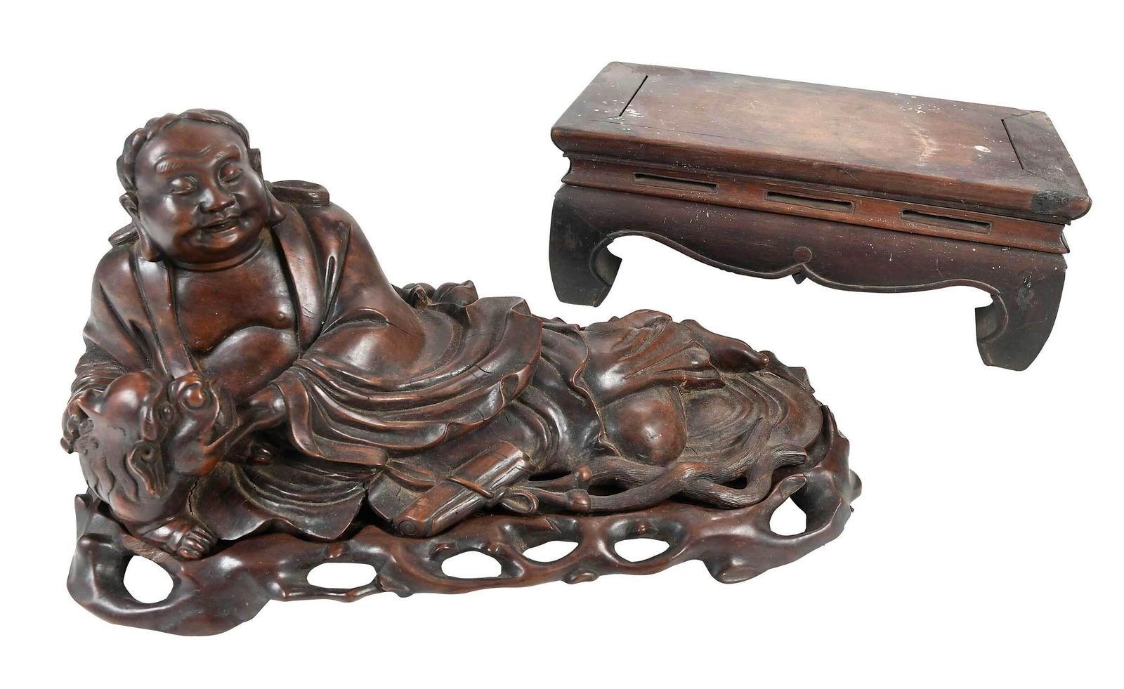 Chinese Carved Wood Buddha Figure and Carved Wood Stand (1 of 7)