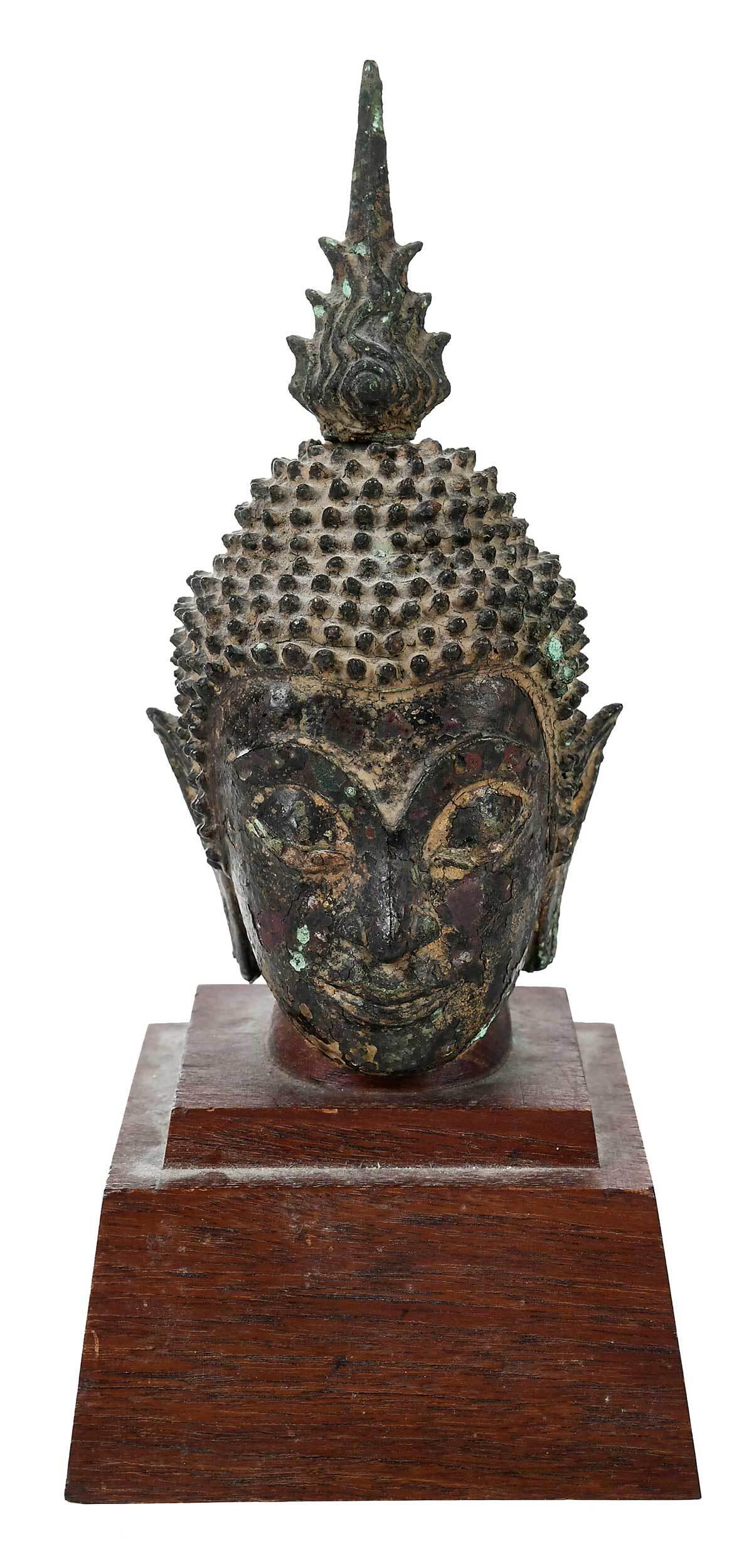 Bronze Buddha Head with Wood Stand (1 of 10)