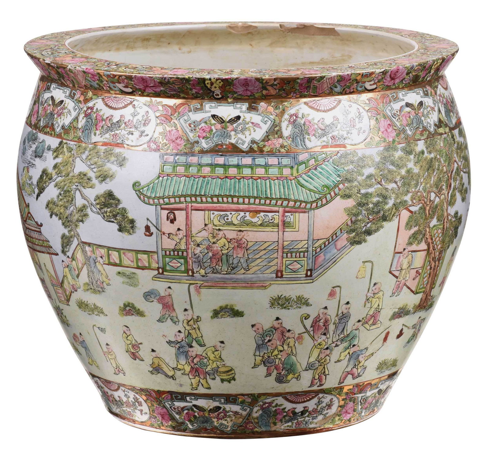 Large Chinese Famille Rose Porcelain Fish Bowl: 19th/20th century, enamel painted continuous landscape scene with boys at play, rose medallion borders of insects, fruit, flowers, and bird, interior painted with floral sprays, 17-3/4 x 22 in.; with 