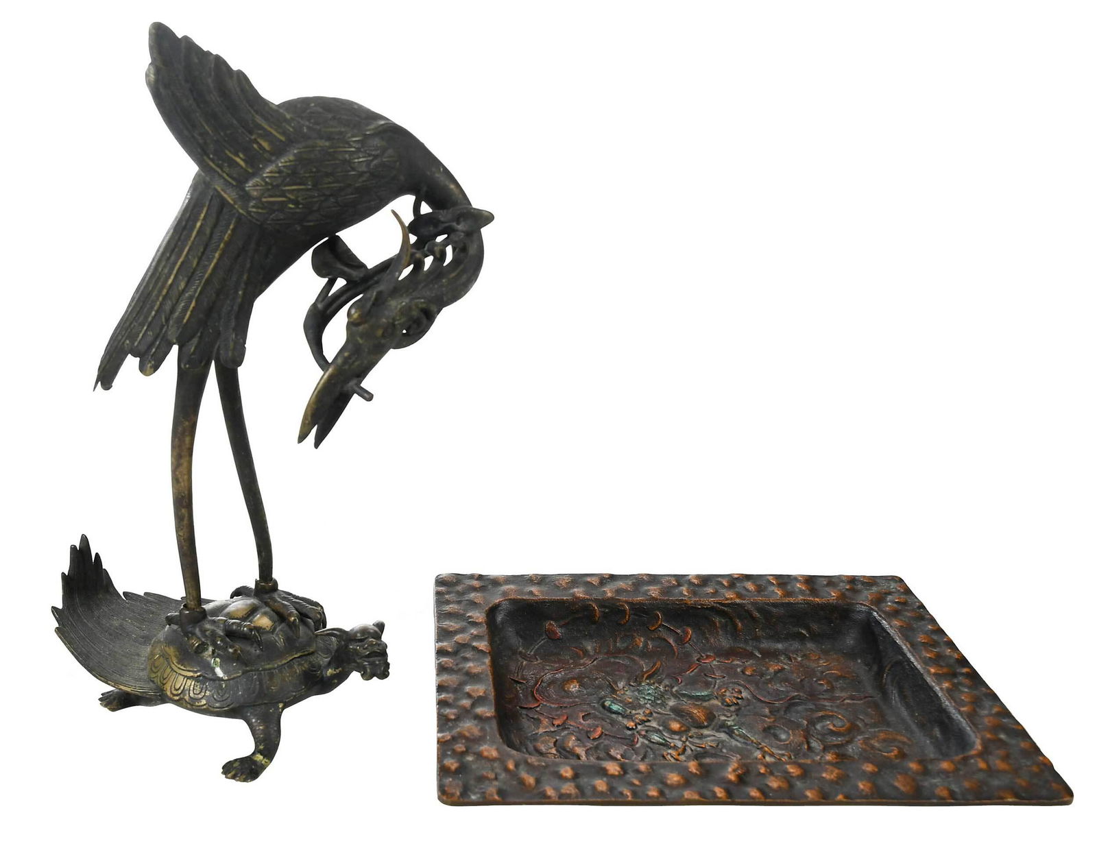 Patinated Bronze Crane on Tortoise, Bronze Tray (1 of 8)