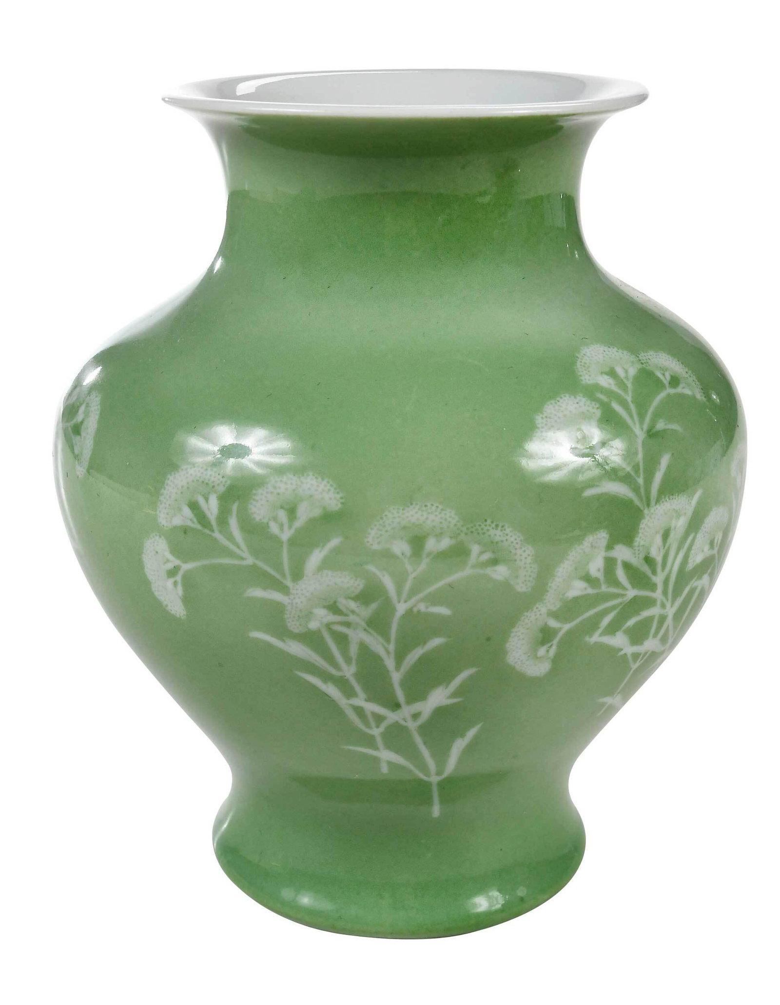 Makuzu Kozan Porcelain Vase: Japanese, Meiji Period, of squat baluster form, depicting white foliate sprays on a green reserve, flared rim, six character mark of Kozan studio on base within two rings, 8-1/2 in. Provenance: Collec