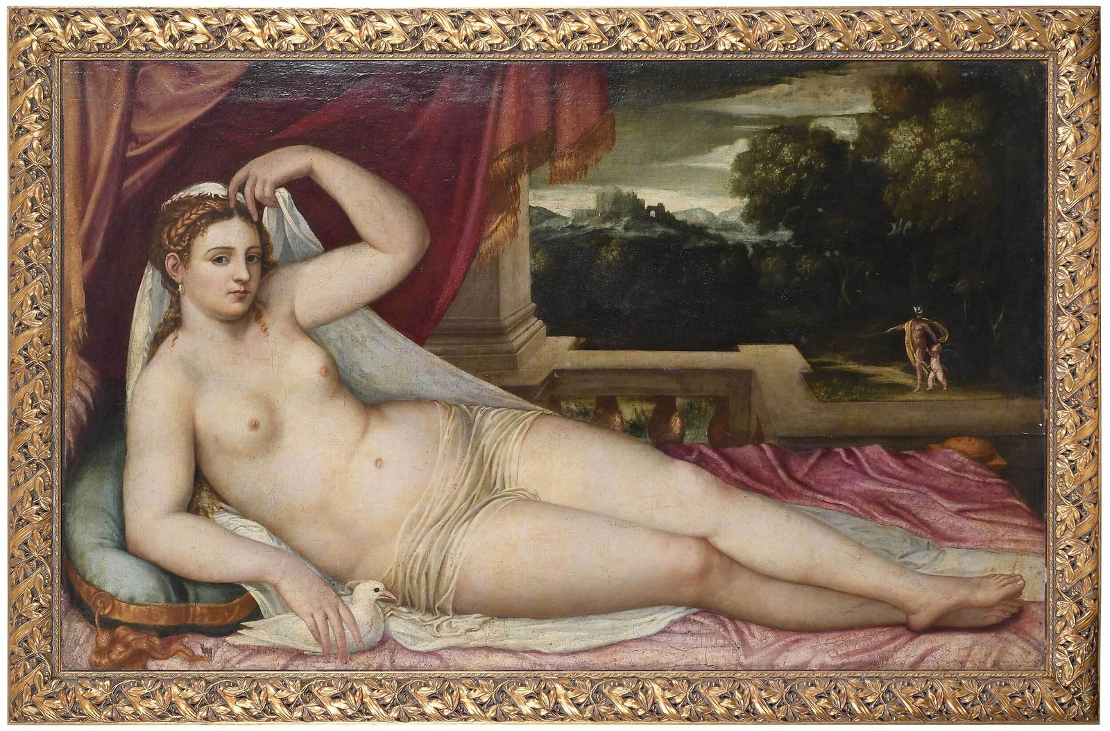 After Lambert Sustris: (Dutch, 1515-1595) Venere nuda distesa con Mercurio e Cupido sullo sfondo del paesaggio, (Reclining Nude Venus with Hermes and Cupid in a Landscape) (D. 147.3, F. Z. 42868), an early copy possibly 16t