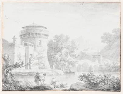 Claude Joseph Vernet: (French, 1714-1789) Paysage d?Italie, lavandiŠres … la riviŠre, chalk, ink, and ink wash on laid paper, original sheet 7-3/8 x 9-7/8 in.; carved and gilt wood frame, 17 x 19-1/4 in. Provenance: Co