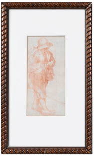 French School Drawing: (17th century) A Traveler, recto; A Tradesman, verso, unsigned, double mat gives an attribution to Antoine Le Nain (French, 1588-1648), red chalk on laid paper, sight 9-7/8 x 4-7/8 in.; wood frame, 19