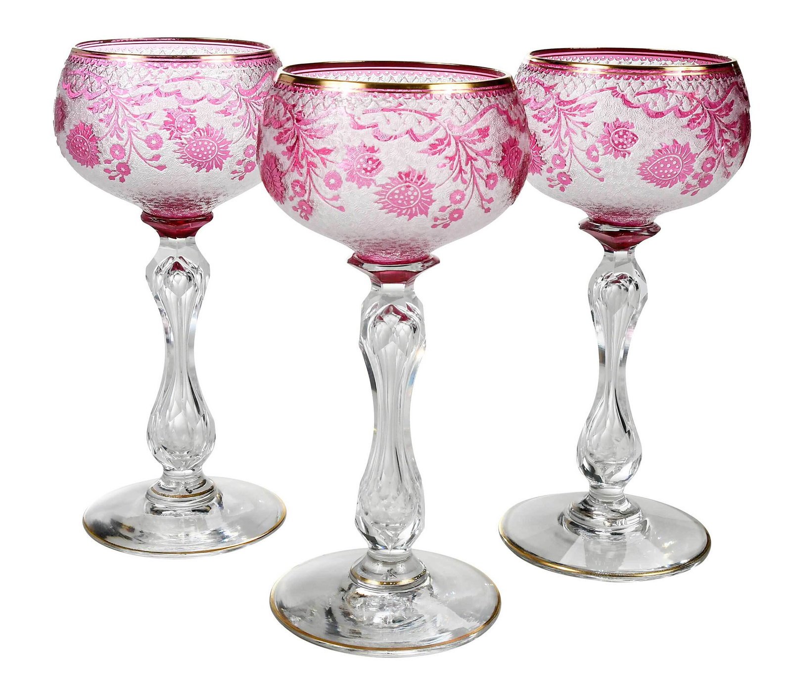 Set of Ten Etched Overlay Glass Wine Goblets: late 19th/early 20th century, each having a bulbous bowl cut from cranberry to clear with floral design on stippled ground, faceted stem; circular base, gilt borders, unmarked, 6-5/8 in. Provenance: S