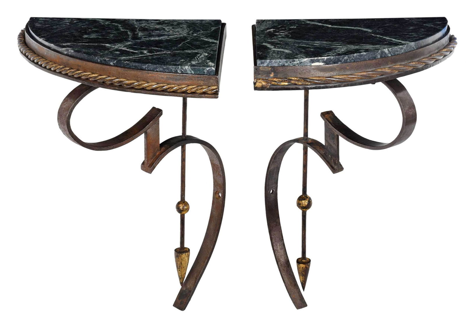 Pair of Patinated Gilt Iron and Marble Corner Consoles (1 of 4)