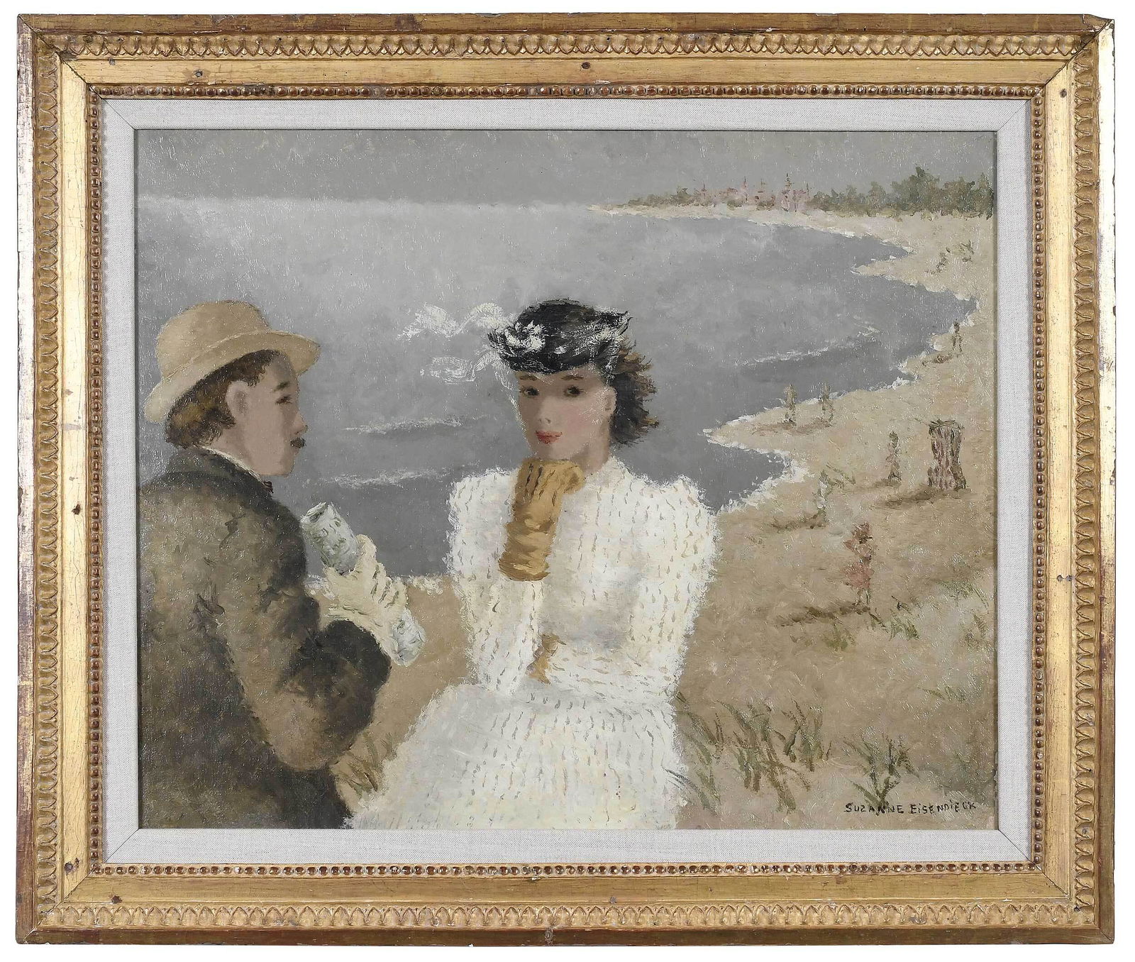 Suzanne Eisendieck: (German/Polish, 1908-1998) Seashore, signed lower right "Suzanne Eisendieck", oil on canvas, 19-3/4 x 24-1/8 in.; gilt wood frame, 24-3/4 x 29-1/2 in. Provenance: Estate of Dr. Paul and Jo Sarazen, Sh