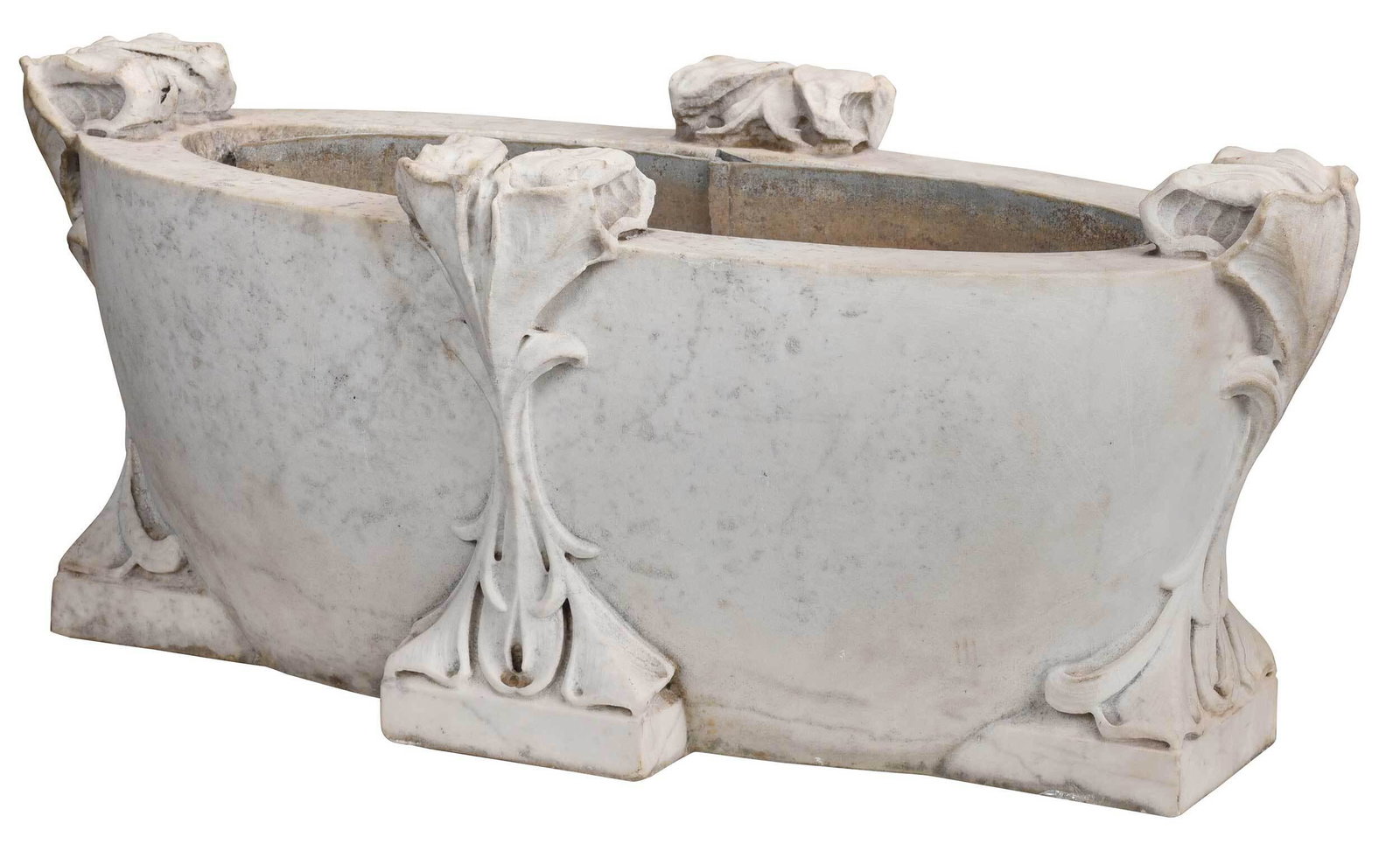 Art Nouveau Carved Marble Jardiniere: French or Belgian, late 19th/early 20th century, ovoid form with four carved integral foliate feet that extend into handles, fitted zinc liner, 11-1/2 x 27 x 14 in. Provenance: Christie's London, May 
