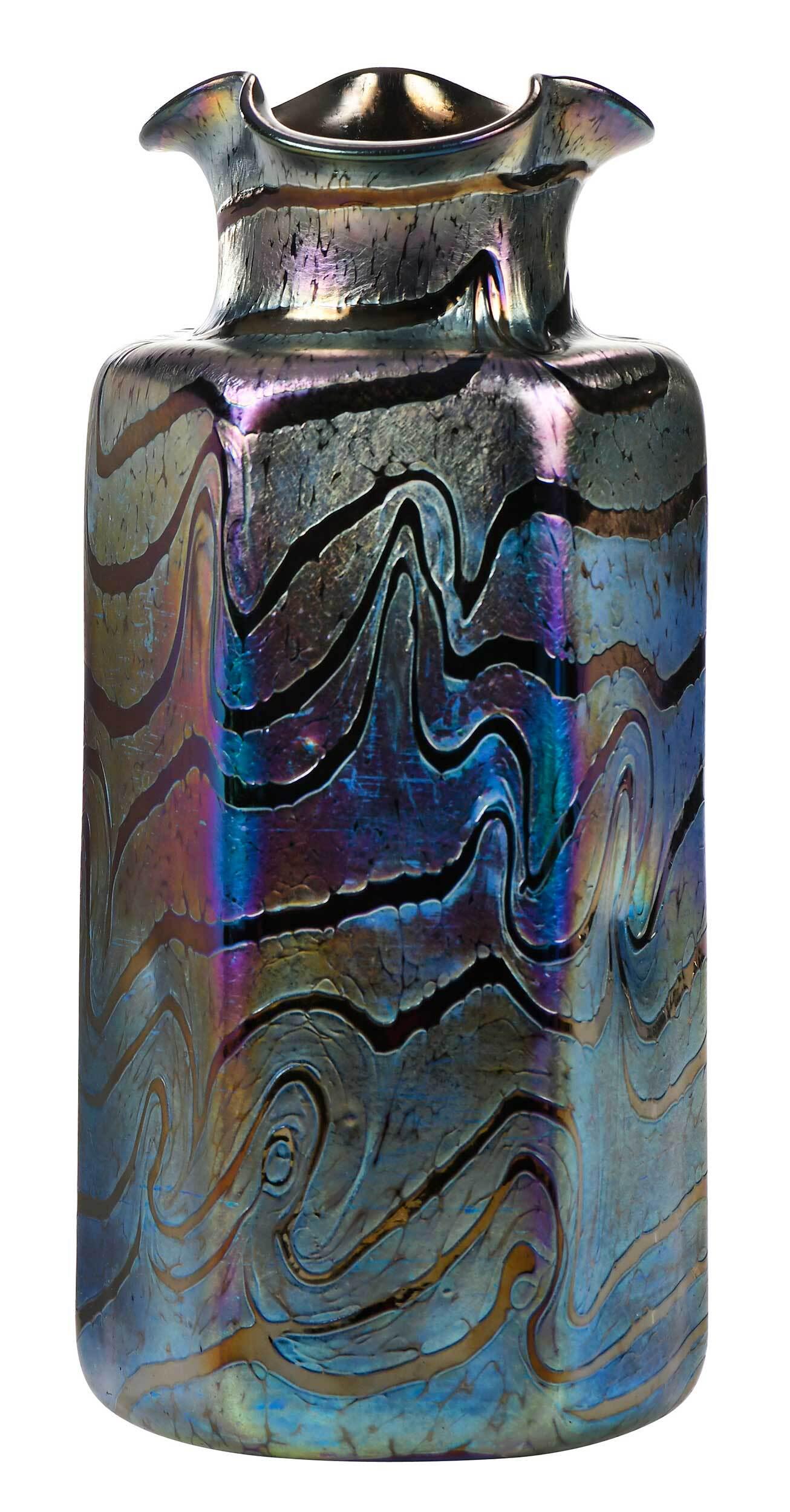 Otto Tham for Fritz Heckert Iridescent Glass Vase: circa 1900, iridescent hexagonal form, alternating panels dimpled, with scalloped lip, violet ground decorated with iridescent gold oil spots amidst an iridescent sweeping scrolled wave design, unsign
