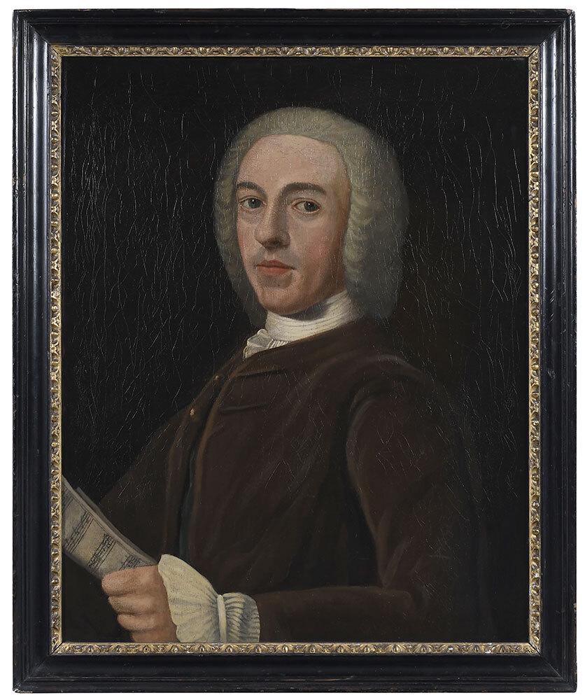 American or British School: (18th/early 19th century) Portrait of a Man holding a Sheet of Music, unsigned, oil on canvas, 26 x 21 in.; carved wood frame, 29 x 24 in. Provenance: Property from the Collection of Dudley and Consta