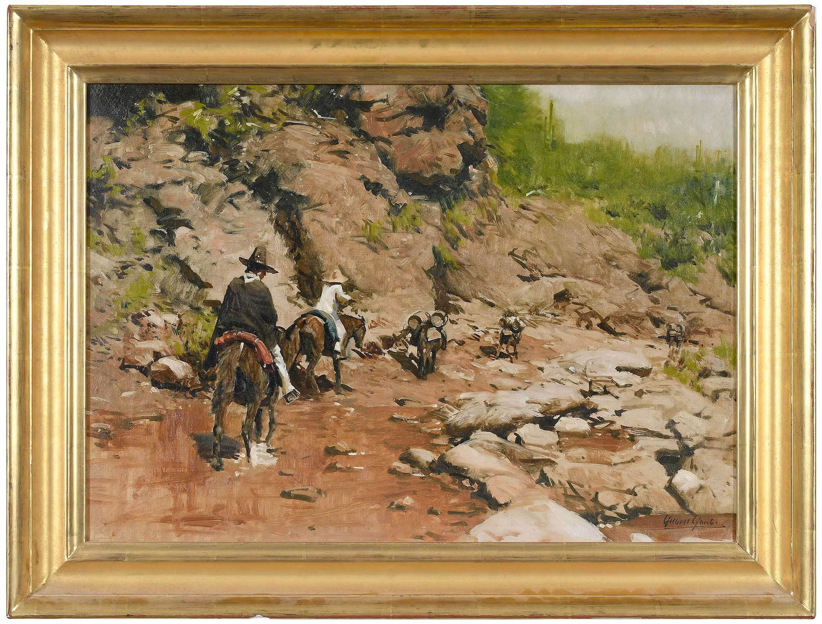 Gilbert Gaul: (American, 1855-1919) On The Trail, signed lower right "Gilbert Gaul", New York colourman label stretcher verso, oil on canvas, 17 x 24 in.; fine reproduction gilt wood frame, 21-1/2 x 28-1/2 in. Prov