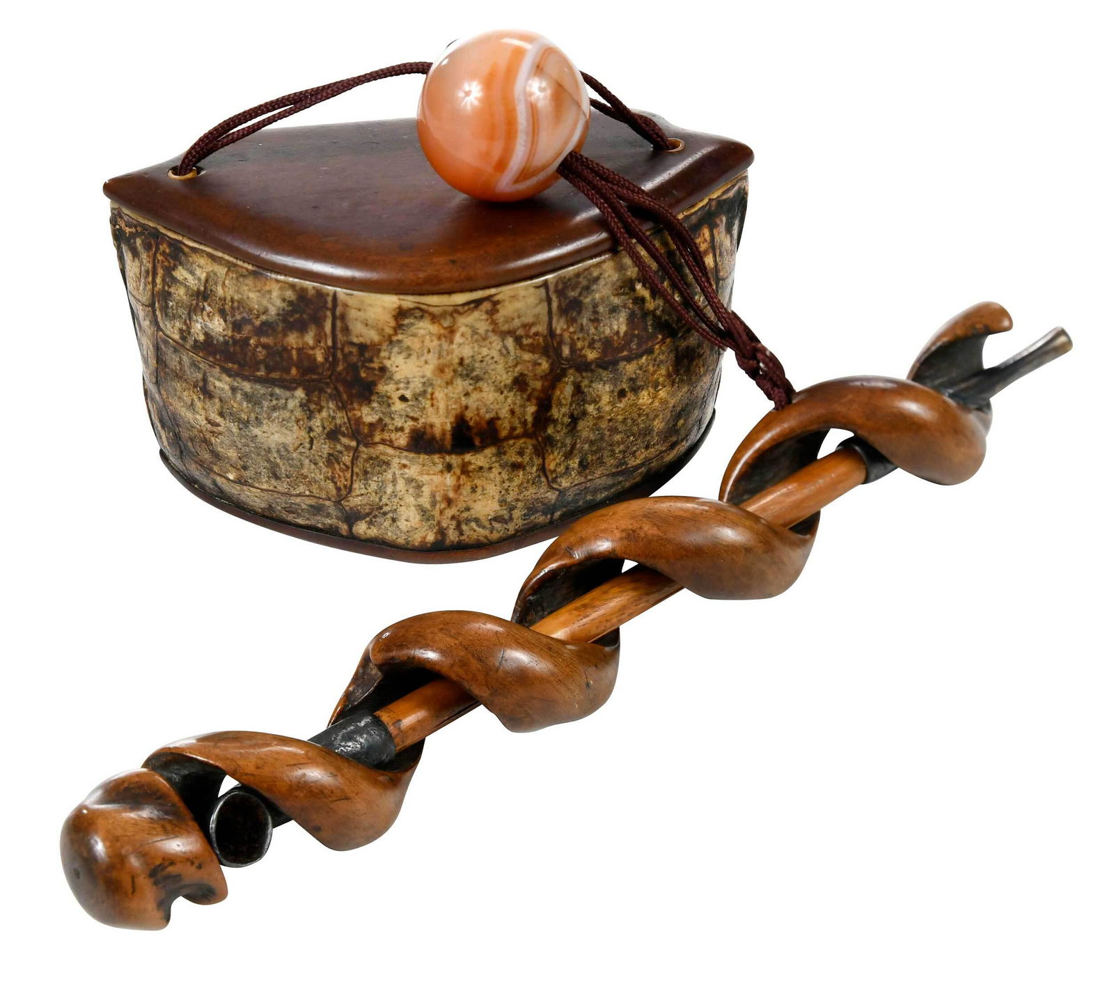Carved Wood Pipe and Holder with Turtle Shell Snuff Box (1 of 6)