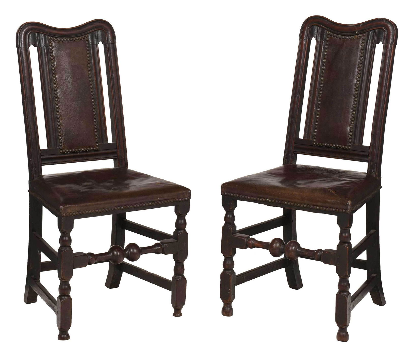 Pair William and Mary Oak Leather Upholstered Chairs (1 of 6)