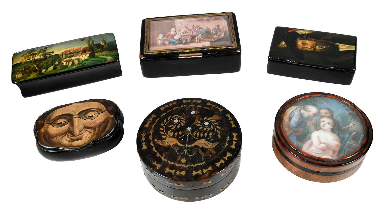 Group of Six Snuff and Miniature Decorative Boxes: Continental/British, 19th century, of various sizes and forms, five with hand painted lids depicting landscapes, pub scene, portraits, etc.; one tortoiseshell example with inlaid metal floral decorati