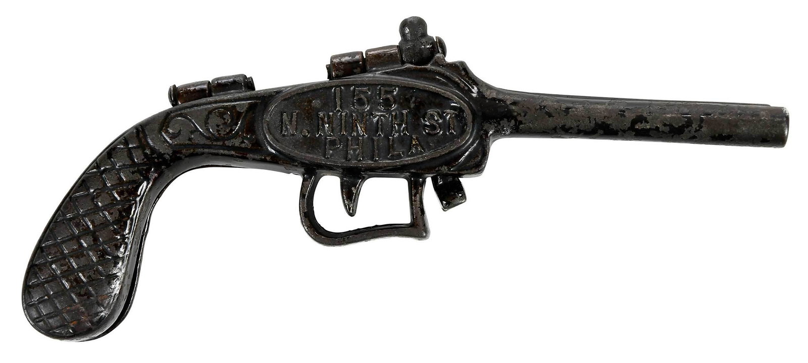 Cast Iron Pistol Form Boot Jack: 20th century, stamped with name and address "Our 3S Shoe The Best/155 N. Ninth St/Phila", cast iron pistol shape opens to form boot jack, 8-1/2 in. Provenance: Private Collection, Vail, Colorado
