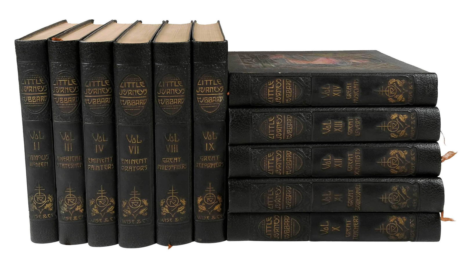 Little Journeys to the Homes of the Great: by Elbert Hubbard, New York: William H. Wise & Co., 1928, Memorial Edition, 11 volumes (partial set), art nouveau front covers and embossed spine detail, teg Provenance: Private Collection, Asheville,