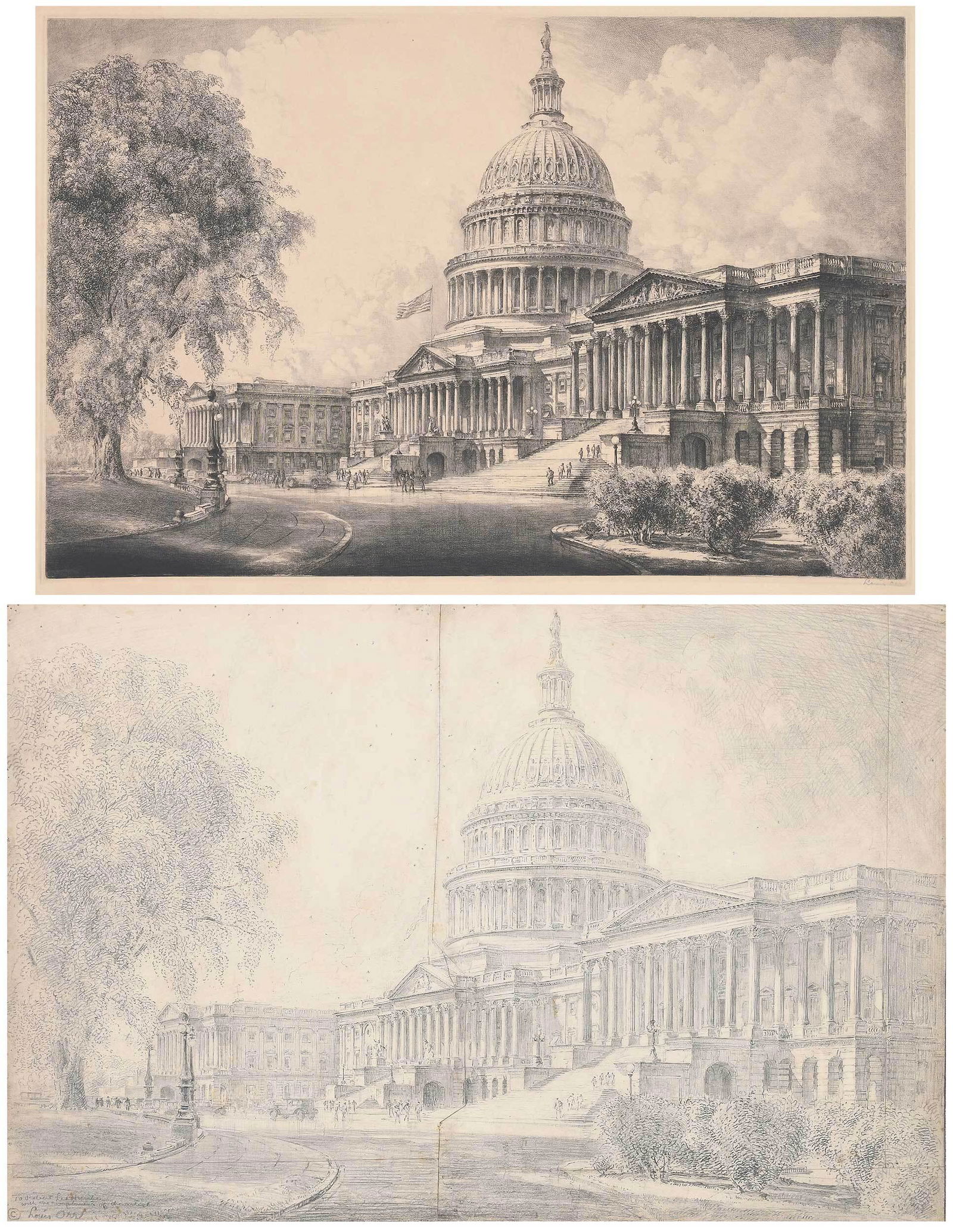 Louis Orr: (American/North Carolina, 1879-1961) United States Capitol, 1920, original drawing for the etching, signed and inscribed lower left "To Robert Lee Humber/with compliments of the artist/Louis Orr", pen