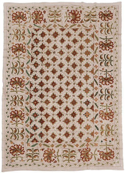 Suzani Embroidery: Central Asia, Uzbekistan, probably early 20th century, silk embroidery on cotton ground, central panel diamond lattice composed of four petal blossoms, multiple floral and vine borders, three panels, 