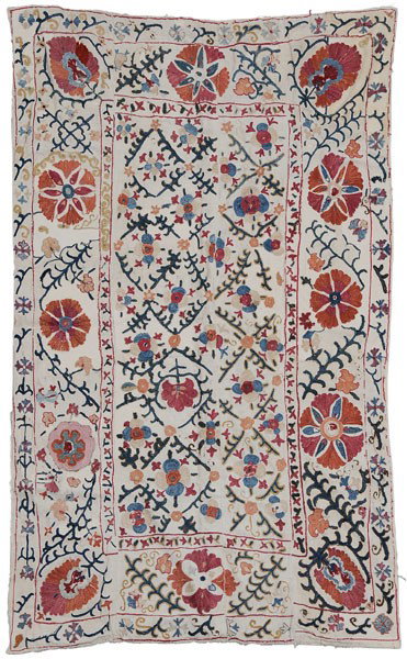 Suzani Embroidery: Central Asia, Uzbekistan, probably late 19th/early 20th century, silk embroidery on later linen ground, central panel with floral designs, multiple flower and vine borders, four panels, later linen ba