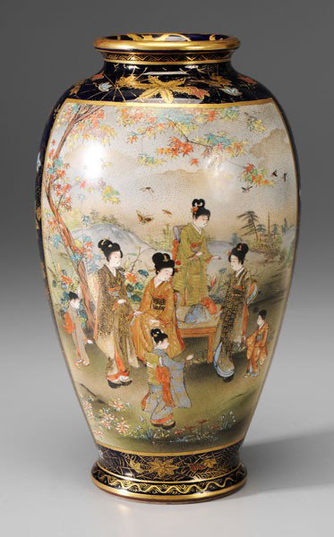 Satsuma Earthenware Vase: Japanese, late 19th/early 20th century, panels of ladies and children enjoying the outdoors under wisteria and maples on a cobalt ground, gilt spider web pattern with gilt and enameled maple leaves, b