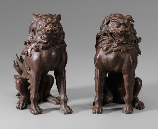 Pair Bronze Guardian Dogs (Komainu): Japanese, late 19th/early 20th century, finely modeled with muscular bodies, curling manes and tails, fierce expressions, one with mouth open for [ah], the other with mouth closed for [um] symbolizing