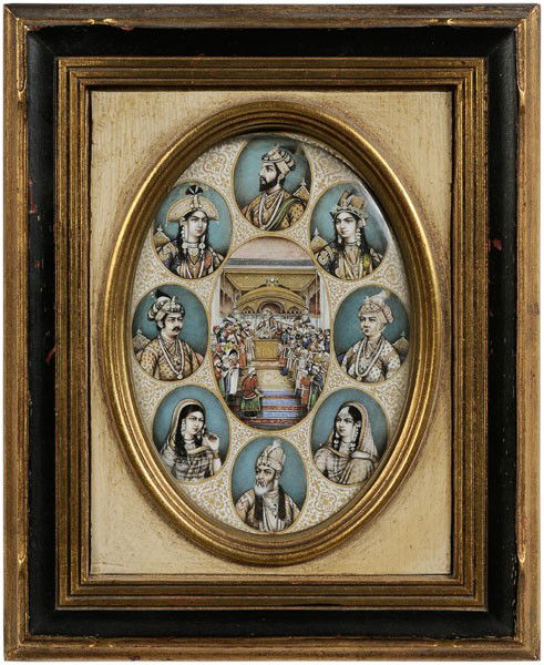 Portraits of Mughal Emperors, Wives,: Company School, India, 19th century, gouache on ivory oval, eight portraits around a rendition of the Taj Mahal throne room, clockwise from top: Shah Jahan I (Khurram), Nur Jehan, Akbar, Mooti Mahal,