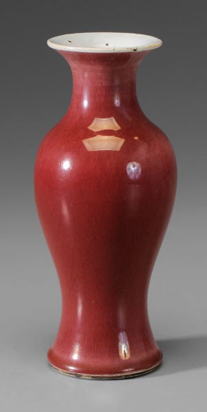 Copper-Red Porcelain Baluster Vase: Chinese, 18th century, ovoid body with crackled rich strawberry glaze fading to grayish-red verso, white rim and interior, glaze pooling at foot, base with pale celadon glaze, 9 in., minor flaws and s