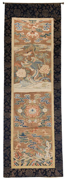 [Kesi] Chair Panel: Chinese, 18th century, gold thread ground with finely woven bat with [ruyi] scepter, phoenix on rock formation, lotus flanked by clouds and bats, pagoda at waves with bats overhead, [tama] floating on