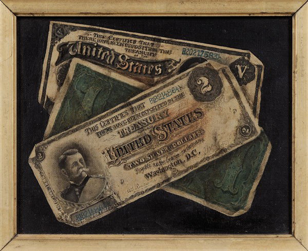 American School: (late 19th/early 20th century), [Trompe L'Oeil] of Three American Dollars, signed "R. Duncan", possibly the work of Ferdinand Danton (American, 1877-1939), oil on canvas, 8 x 10 in.; original gilt woo