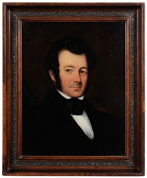 American School: (circa 1860), Gentleman Wearing a Black Cravat, unsigned, oil on panel, said to be by Thomas Sully (Pennsylvania, 1783-1872), 22-1/8 x 16-3/4 in.; 19th century wood and composition frame, gesso with "