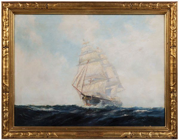 Frederick Leo Hunter: (New York, 1858-1943), Clipper Ship [Flying Cloud], signed lower right "F. Leo Hunter 1935", built by Donald McKay, East Boston, 1852, oil on canvas, 18 x 24-1/8 in.; original Newcomb-Macklin Co. carv