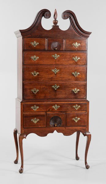 Connecticut Queen Anne Cherry High: Chest, cherry with poplar and pine secondary, two-case construction, upper case with long drawer with false triple front over three long drawers, 81-1/2 x 38-1/4 x 17-3/4 in., upper and lower cases ma