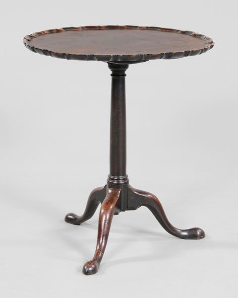 Chippendale Carved Mahogany Tea Table: British, 18th century, mahogany throughout, single-board piecrust top tilting over a column stand with original iron spider, tripod base, old surface with mellow brown color, 27-1/4 x 24 in., cracks a
