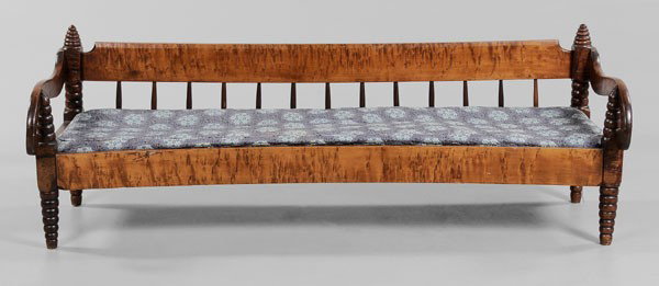 Classical Tiger Maple Daybed: American, 19th century, highly figured throughout, scrolled arms and turned legs, beehive finials and arm supports, 23 x 68 x 24 in., good condition overall, old refinishing with scattered surface wea