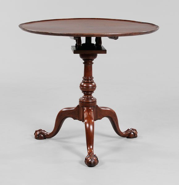 Chippendale Mahogany Dish-Top Tea: Table, Philadelphia, 1760-1780, mahogany throughout with single-board dished top, compressed ball support and ball-and-claw feet, 29-3/4 x 32-1/4 in., good condition overall, old refinishing, minor pa