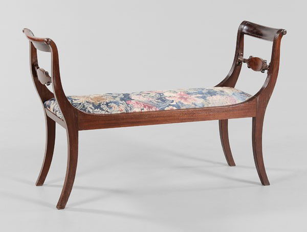 Duncan Phyfe Federal Window Bench: New York, 19th century, mahogany and figured mahogany veneers with ash and other mixed secondary woods, 28-1/2 x 45-3/4 x 14-3/4 in., good condition overall, replaced slip seat, scattered surface wear