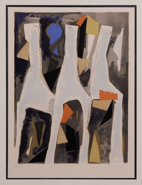 Marino Marini: (Italian, 1901-1980), Three Horses, edition 60/75, signed in pencil lower right "Marino", color lithograph, 25-1/2 x 19-3/4 in. (page); silver gilt and painted wood frame, hinged in at top, light toni