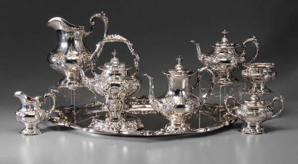 Francis I Sterling Tea Service, Tray: American, 1951-1953, 13-3/4 in. hot water urn with matching coffeepot, teapot, creamer, and waste with gilt interiors, water pitcher and 31 in. sterling tray, marks for Reed & Barton, no monograms, 42