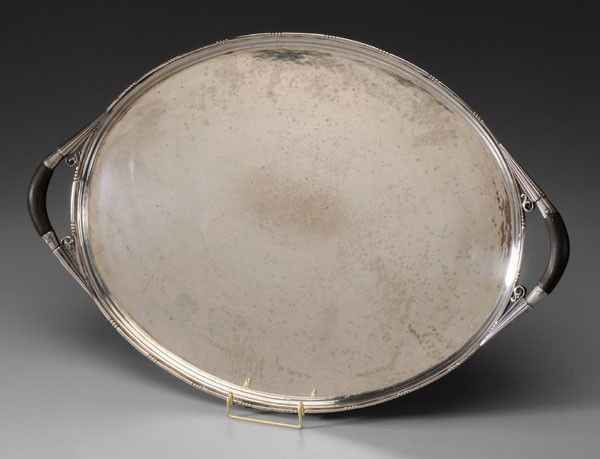 Georg Jensen Sterling Tray: Danish, first half 20th century, oval with beaded rim, ebony handles accented with reed and scroll decoration, marks for Georg Jensen, designer Johan Rohde, "251C", 1915-1932, no monogram, 81.94 oz.T.