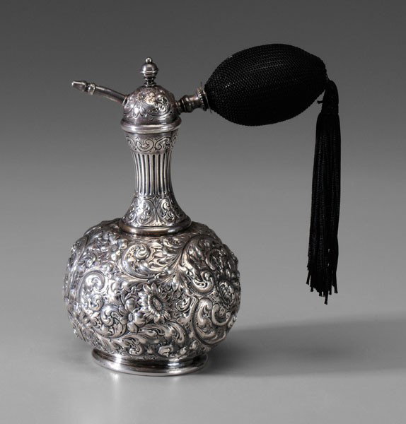 Durgin Sterling Repoussé Perfume: American, late 18th/early 19th century, floral and scroll decoration, with atomizer, marks for retailer Theodore B. Starr (working 1900-1924), maker Durgin (working 1853-1931), monogram on base, 6.64 