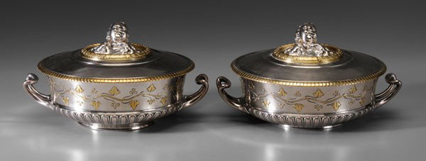Pair Christofle Entrée Servers: Paris, France, 1872-73, silver plate, finial depicting [patère d'Hercule] (Hercules struggling with snakes), tapering sides with gilt ivy decoration, marks for Christofle, "36", "7744273", no monogra