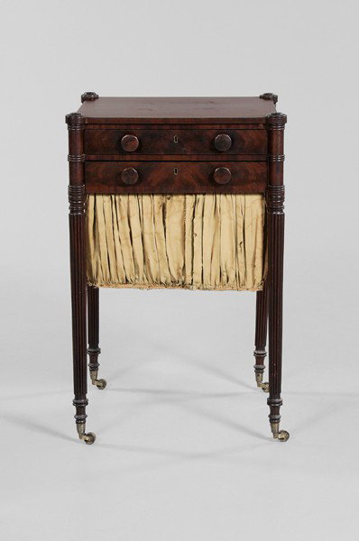 Federal Mahogany Sewing Table: middle Atlantic states, early 19th century, mahogany with poplar secondary, two dovetailed drawers, turned and reeded legs, 31 x 19-1/4 x 17-1/2 in., refinished, break and repair to one rear leg (curr