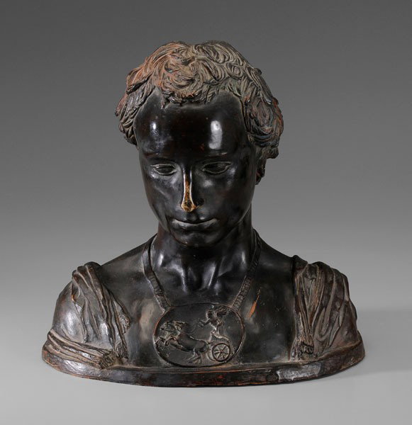 European School: (20th century), Bust of Augustus Caesar, monogram "CB", painted terra cotta, 15 in., wear to paint surface primarily at nose, chip in hair, flaking, abrasions Provenance: Private Collection, Palm Beac