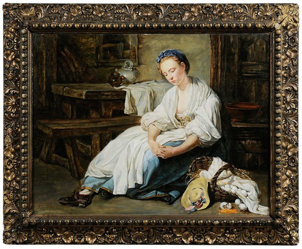 Dutch School: (19th century), Woman Despairing Missing Child, unsigned, oil on canvas, 18-1/4 x 24 in.; painted gilt wood and composition frame, restretched on newer stretcher, lined, retouch throughout affecting l
